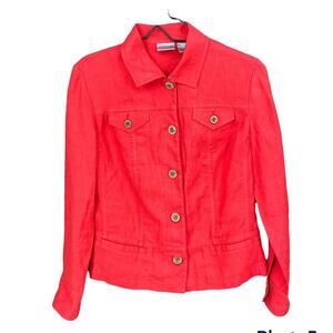 Chico’s Women’s Button Down Collared Jacket Size 0/M/4 Red 100% Linen Shacket